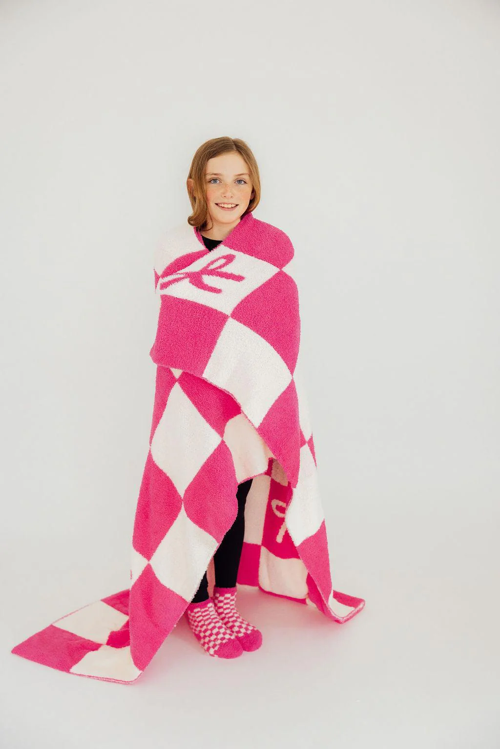 Bright Pink Checker Bow Cozy Blanket - Image 4