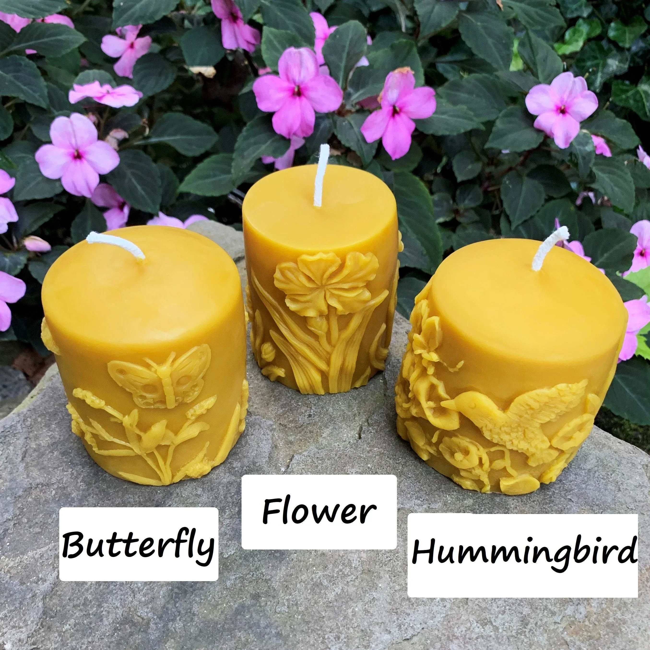 Butterfly | Hummingbird | Flower | Beeswax Pillar Set - Image 8