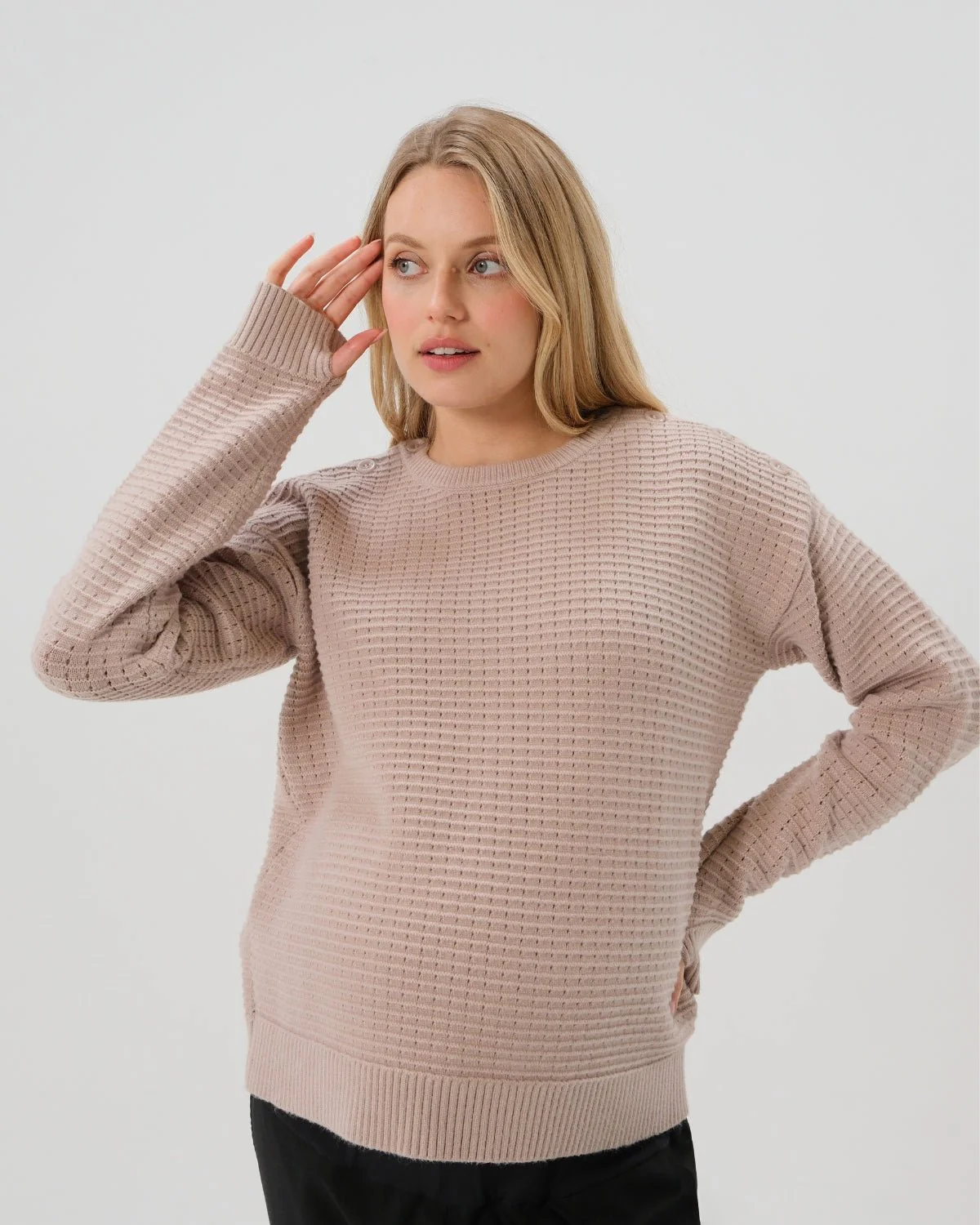 Button-Shoulder Maternity & Nursing Sweater w/Thumbhole Feature - Image 9