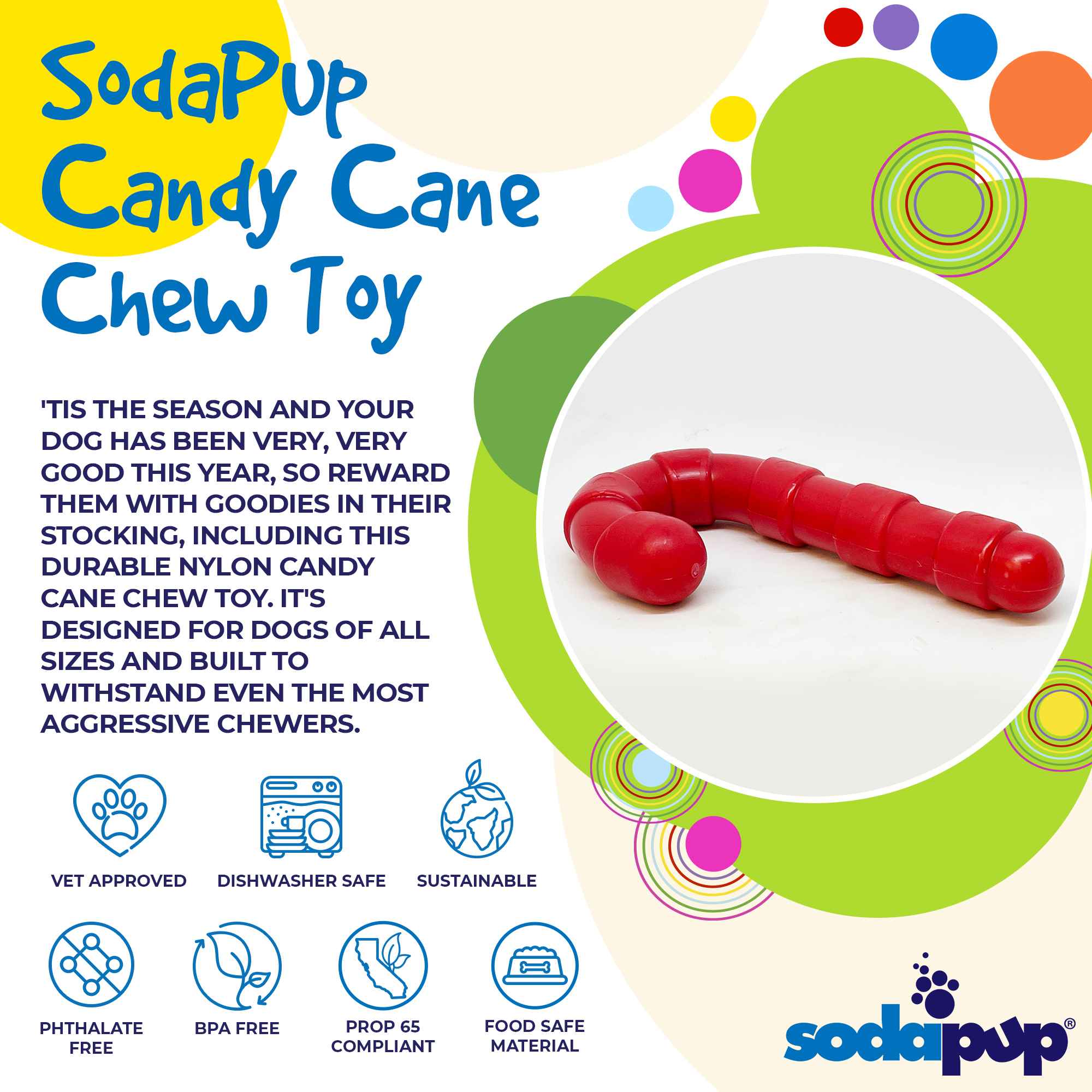 Candy Cane Nylon Dog Toy for Aggressive Chewers | USA Made | SodaPup - Image 2
