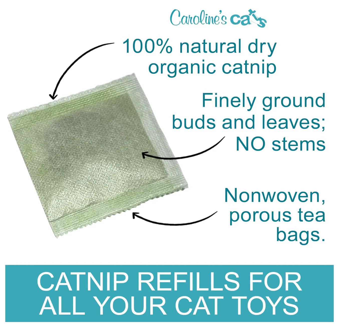Caroline's Cats Organic Catnip Packets for Cat Toys 2.0 – More Potent Refill Pouches for Flapping Bird, Flopping Fish, and Others, 10 Tea Bags - Image 3