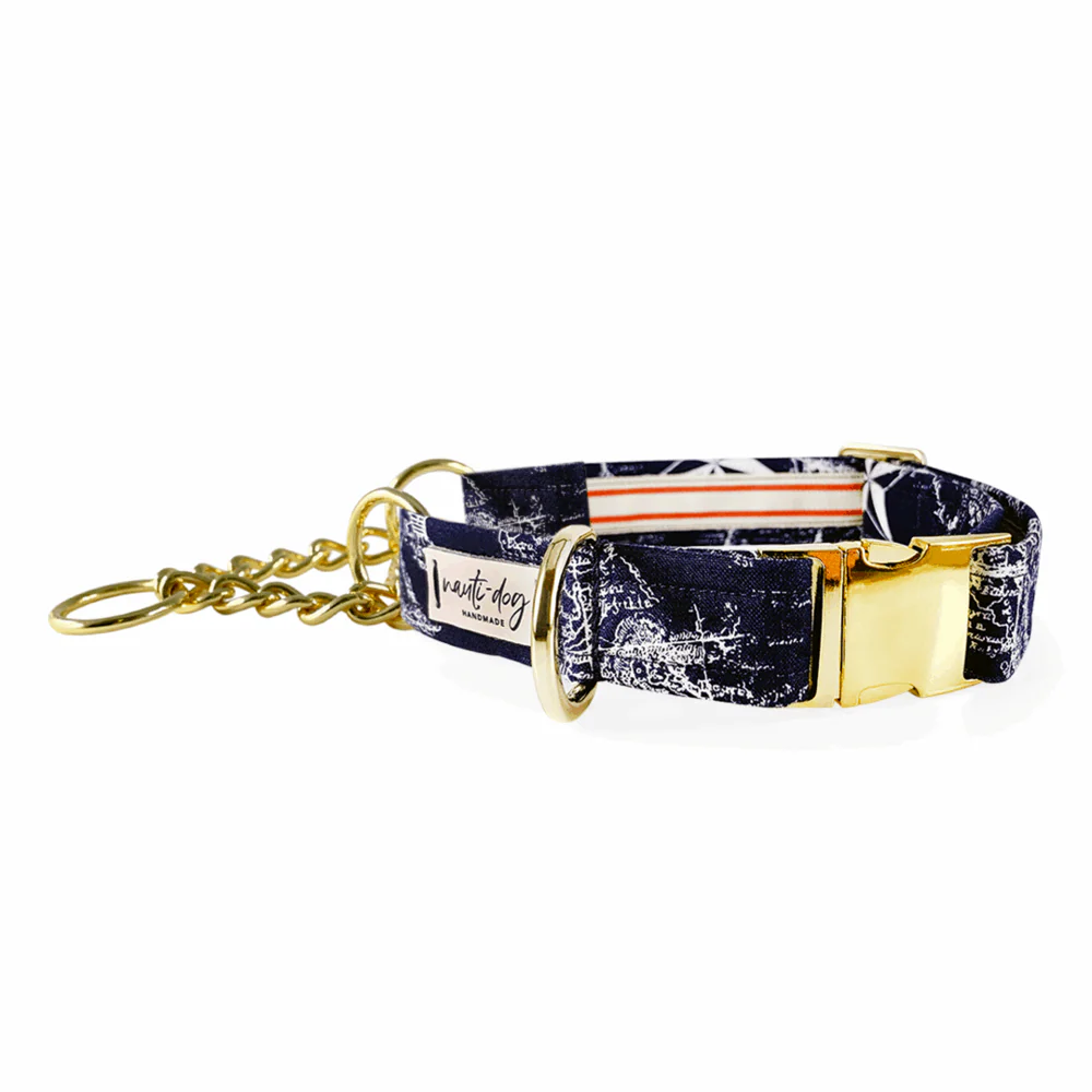 Carta Marina Navy Vintage Nautical Toile Buckle & Martingale Dog Collar - Image 2