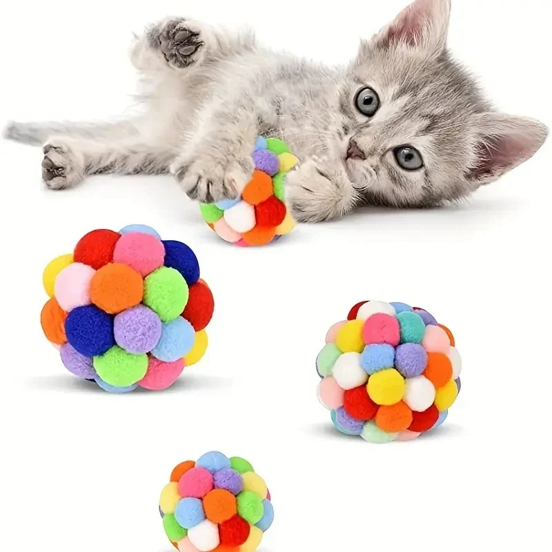 Cat Plush Bell Ball Toy – Colorful Woolen Self-Play Ball - Image 3
