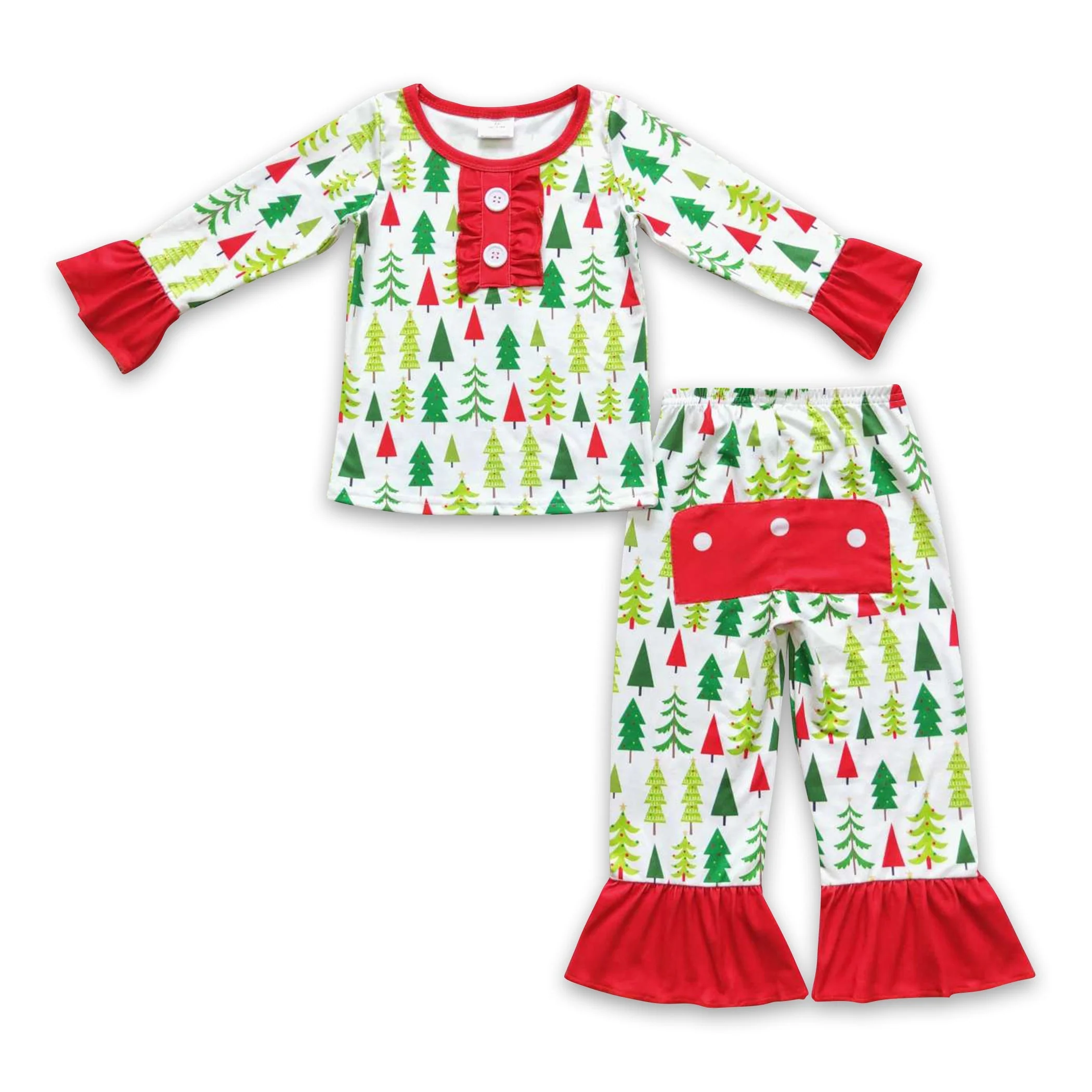 Christmas tree long sleeves ruffle baby girls pajamas - Image 2