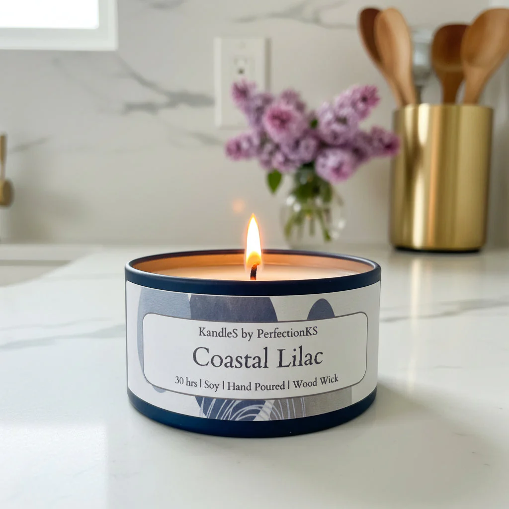 Coastal Lilac Luxury Candle | 8oz Non-Toxic Soy Candle with Wooden Wick | Clean Burn - Image 2
