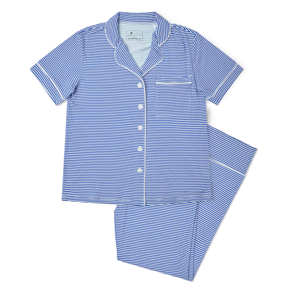 Cobalt Stripe Short Sleeve & Pants Bamboo Women's Pajama Set - Image 2