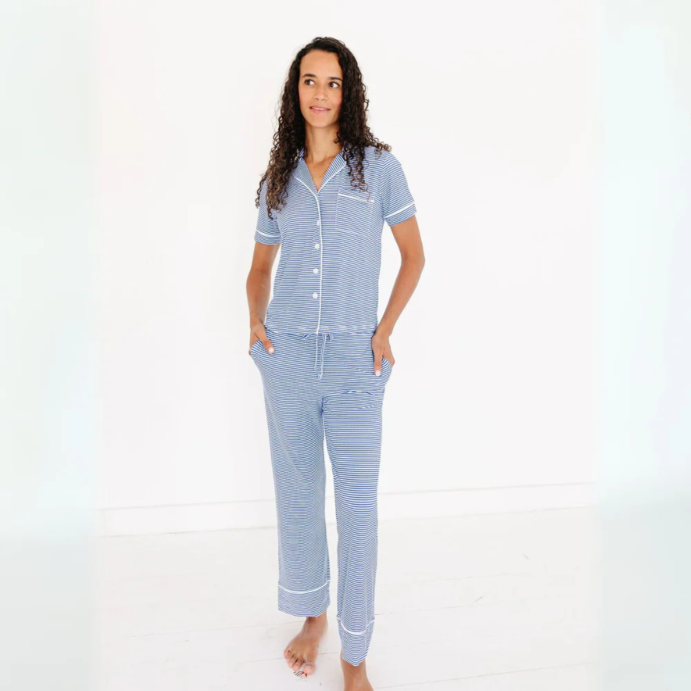Cobalt Stripe Short Sleeve & Pants Bamboo Women's Pajama Set - Image 4
