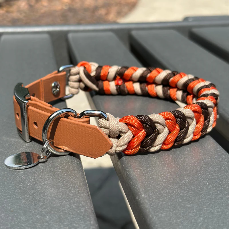 Coiled Charm Hand Braided Dog Collar in Burnt Orange, Walnut Brown, & Light Tan - Image 4