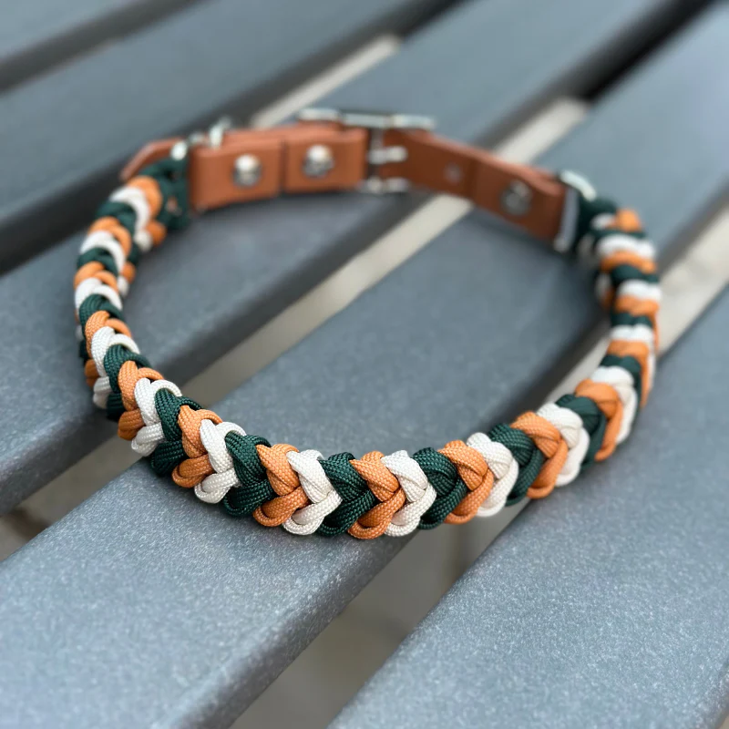 Coiled Charm Hand Braided Dog Collar in Hunter Green, Mustard, & Cream - Image 6
