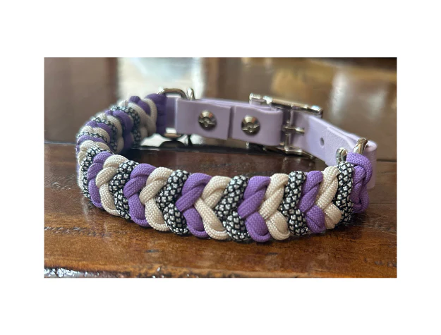 Coiled Charm Hand Braided Dog Collar in Lilac, Cream, & Silver Diamonds - Image 2