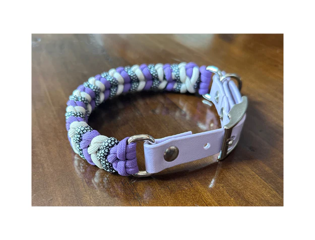 Coiled Charm Hand Braided Dog Collar in Lilac, Cream, & Silver Diamonds - Image 3