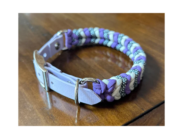 Coiled Charm Hand Braided Dog Collar in Lilac, Cream, & Silver Diamonds - Image 5
