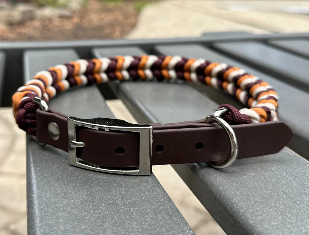 Coiled Charm Hand Braided Dog Collar in Mustard, Burgundy, & Cream - Image 4