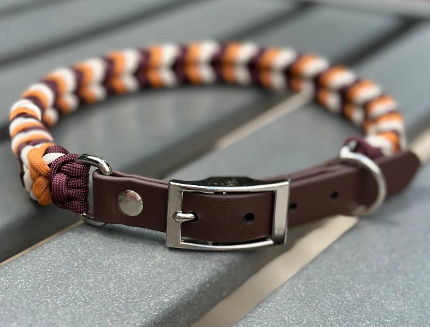 Coiled Charm Hand Braided Dog Collar in Mustard, Burgundy, & Cream - Image 5