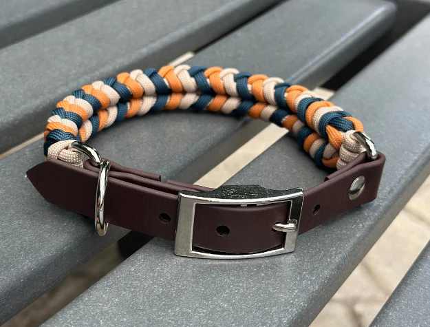 Coiled Charm Hand Braided Dog Collar in Mustard, Navy, & Light Tan - Image 3