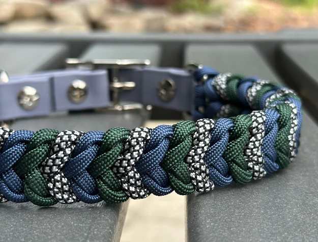 Coiled Charm Hand Braided Dog Collar in Navy, Emerald Green, & Silver Diamonds - Image 2