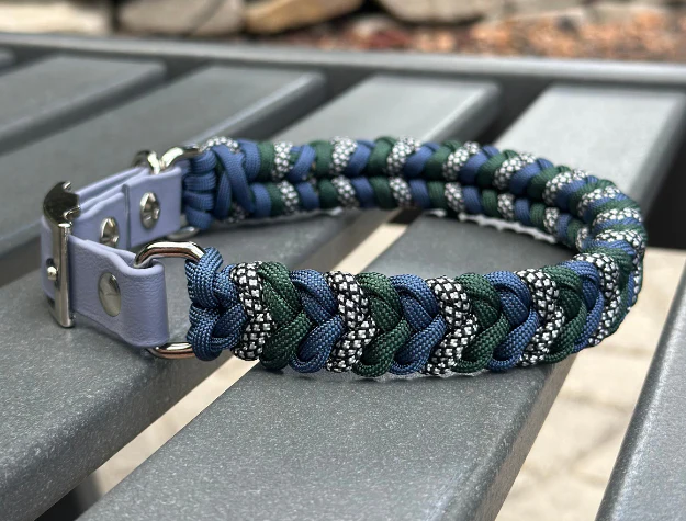 Coiled Charm Hand Braided Dog Collar in Navy, Emerald Green, & Silver Diamonds - Image 3