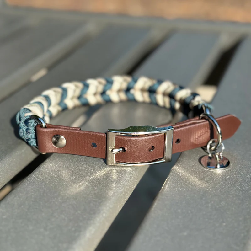 Coiled Charm Hand Braided Dog Collar in Navy, Tan, & Cream - Image 3