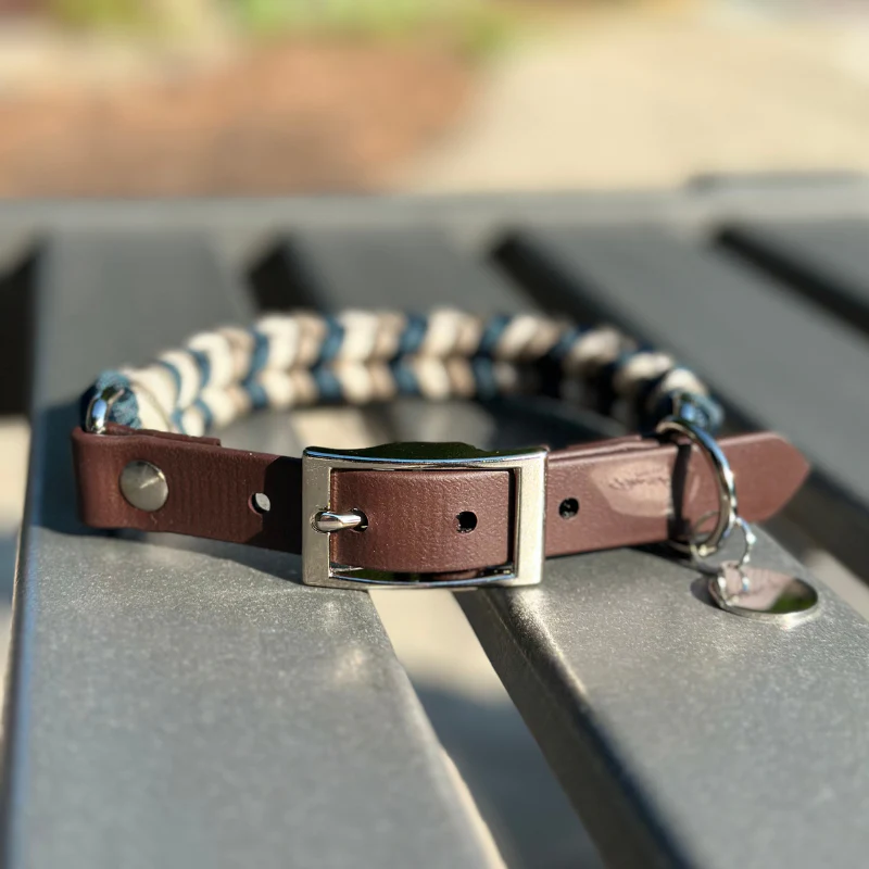 Coiled Charm Hand Braided Dog Collar in Navy, Tan, & Cream - Image 4