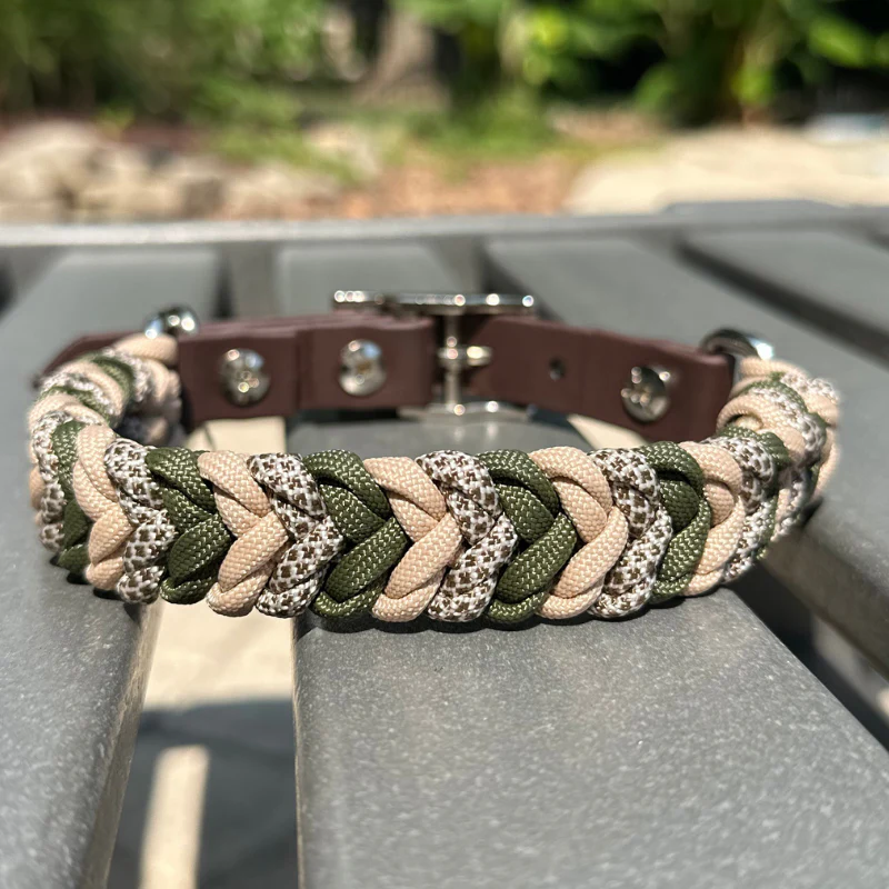 Coiled Charm Hand Braided Dog Collar in Olive, Light Tan, & Coyote Brown Diamonds - Image 2