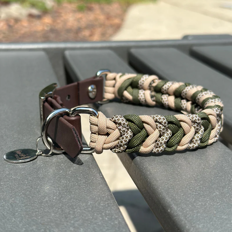 Coiled Charm Hand Braided Dog Collar in Olive, Light Tan, & Coyote Brown Diamonds - Image 3