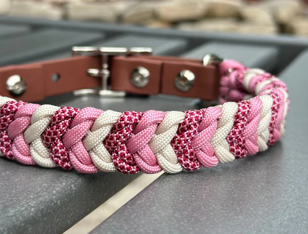 Coiled Charm Hand Braided Dog Collar in Pink, Red Diamonds, & Cream - Image 2