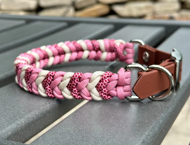 Coiled Charm Hand Braided Dog Collar in Pink, Red Diamonds, & Cream - Image 3