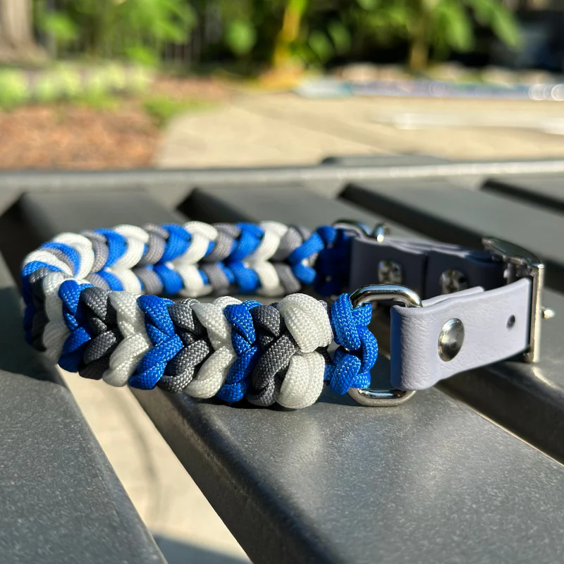 Coiled Charm Hand Braided Dog Collar in Royal Blue, Graphite, & White - Image 5