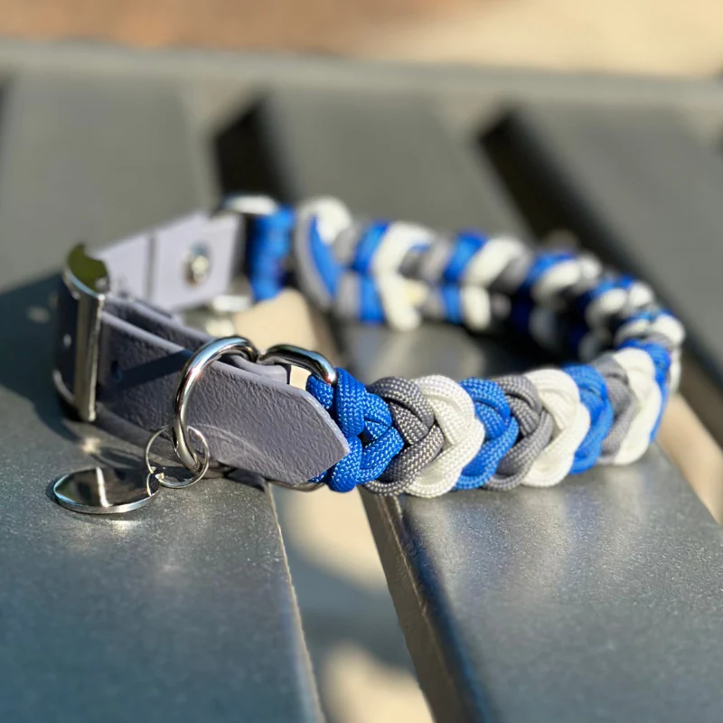 Coiled Charm Hand Braided Dog Collar in Royal Blue, Graphite, & White - Image 6
