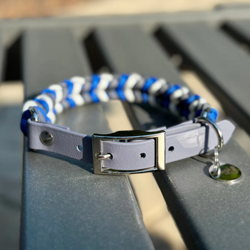 Coiled Charm Hand Braided Dog Collar in Royal Blue, Graphite, & White - Image 9