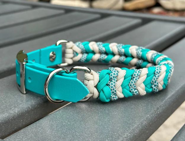 Coiled Charm Hand Braided Dog Collar in Teal, Cream, & Teal Diamonds - Image 5