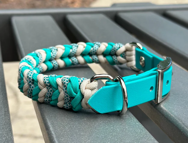 Coiled Charm Hand Braided Dog Collar in Teal, Cream, & Teal Diamonds - Image 6