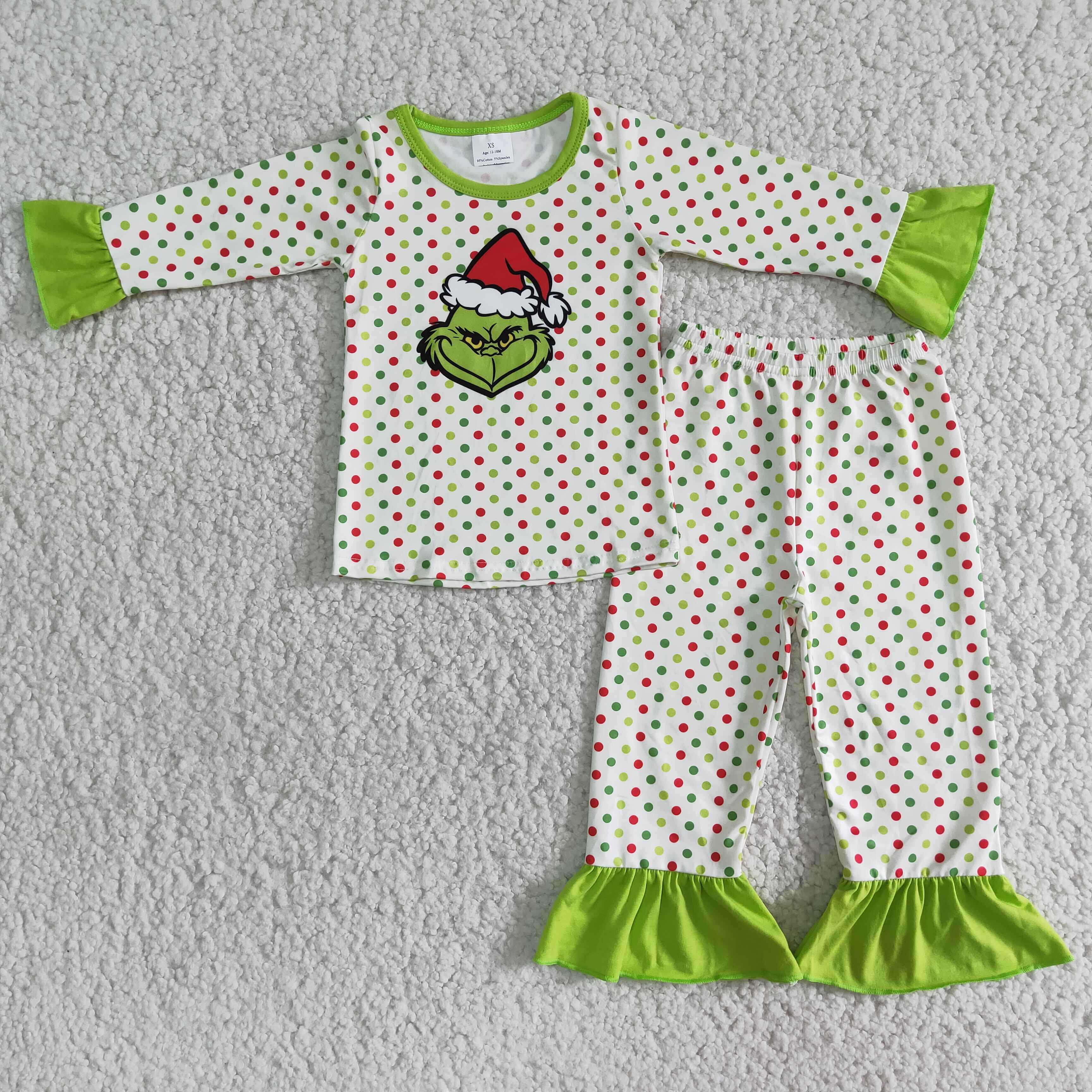 Colorful polka dots green face girls Christmas pajamas - Image 2
