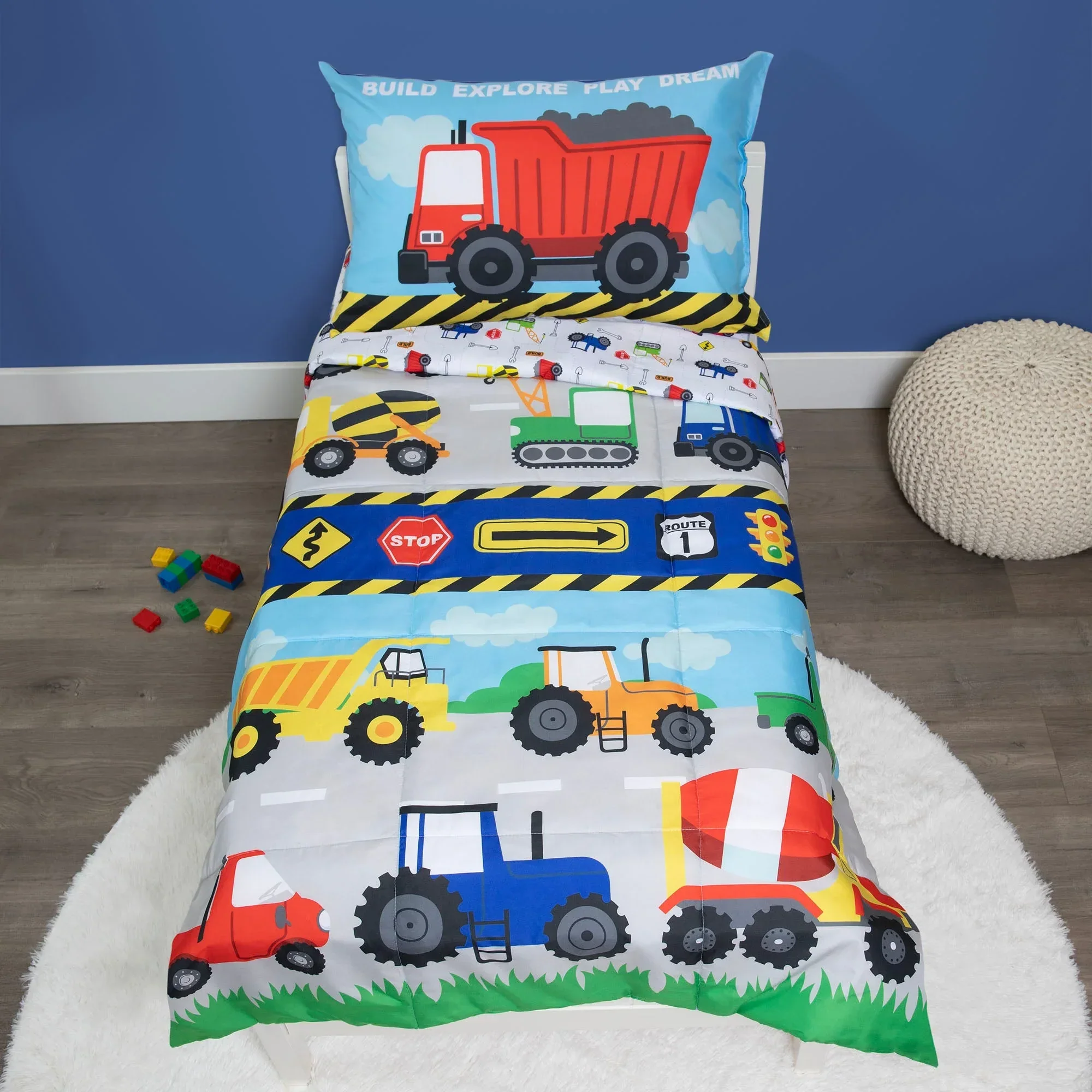 Construction 4 Piece Toddler Bed Set - Includes Comforter, Fitted Bottom Sheet, Flat Top Sheet, and Reversible Pillowcase - Image 2