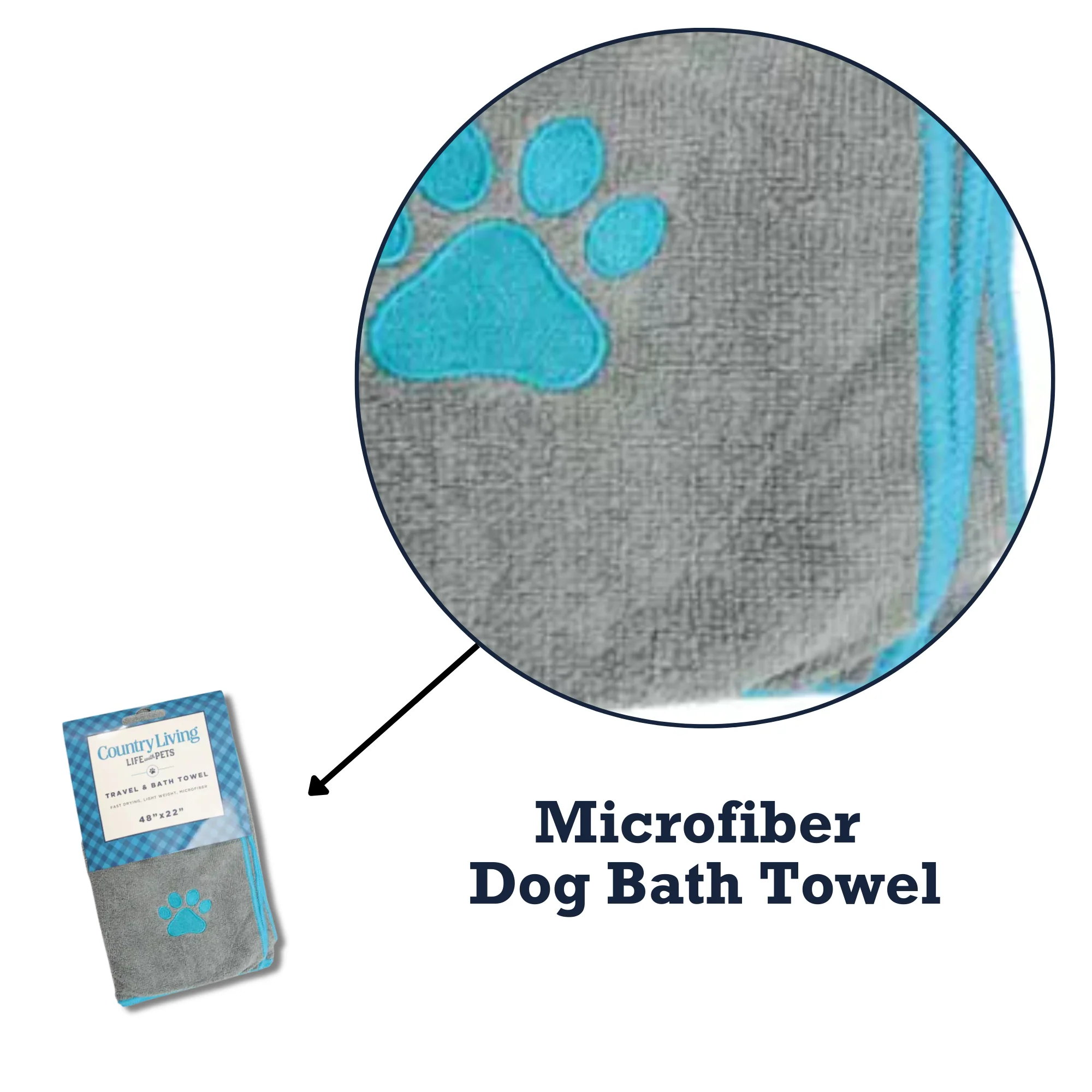 Country Living Large Gray Microfiber Dog Bath Towel with Teal Embroidered Paw Print - Image 8