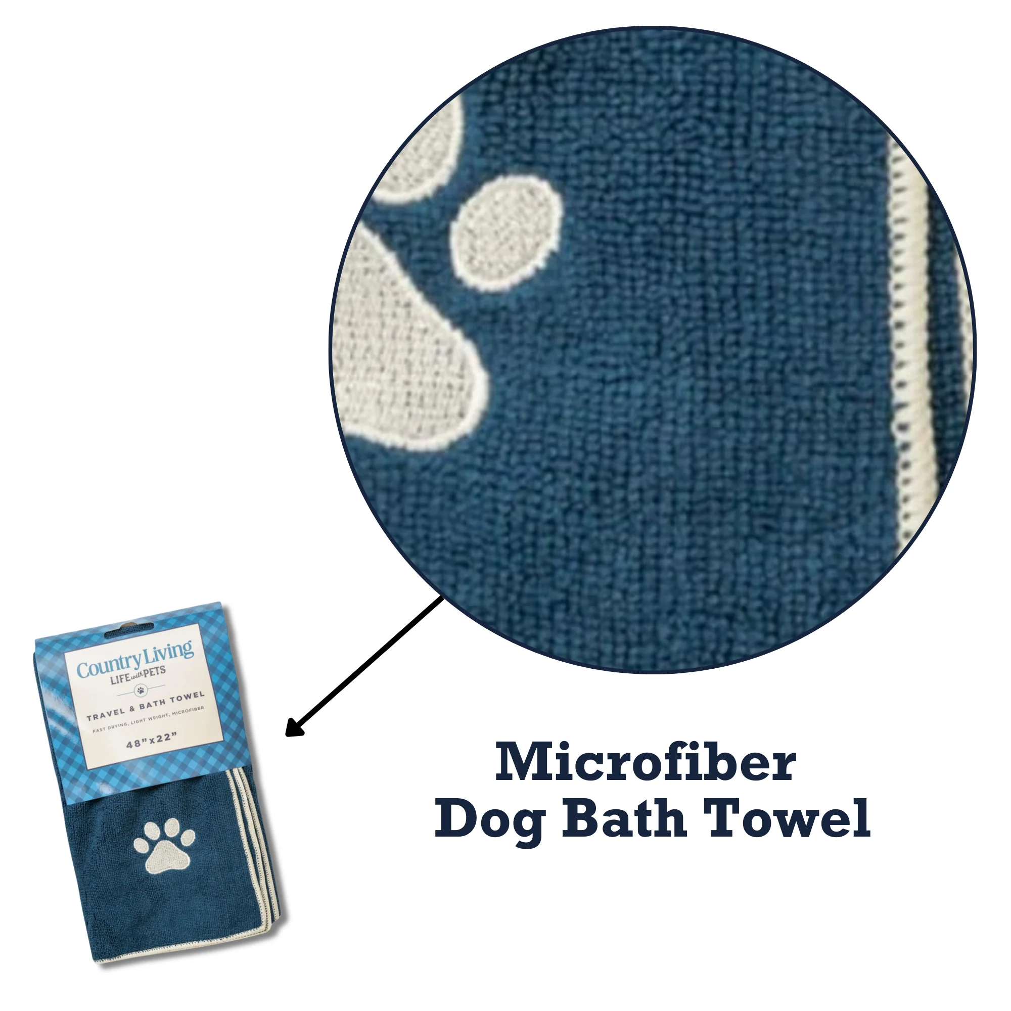 Country Living Large Marine Blue Microfiber Dog Bath Towel with Embroidered Paw Print - Image 5