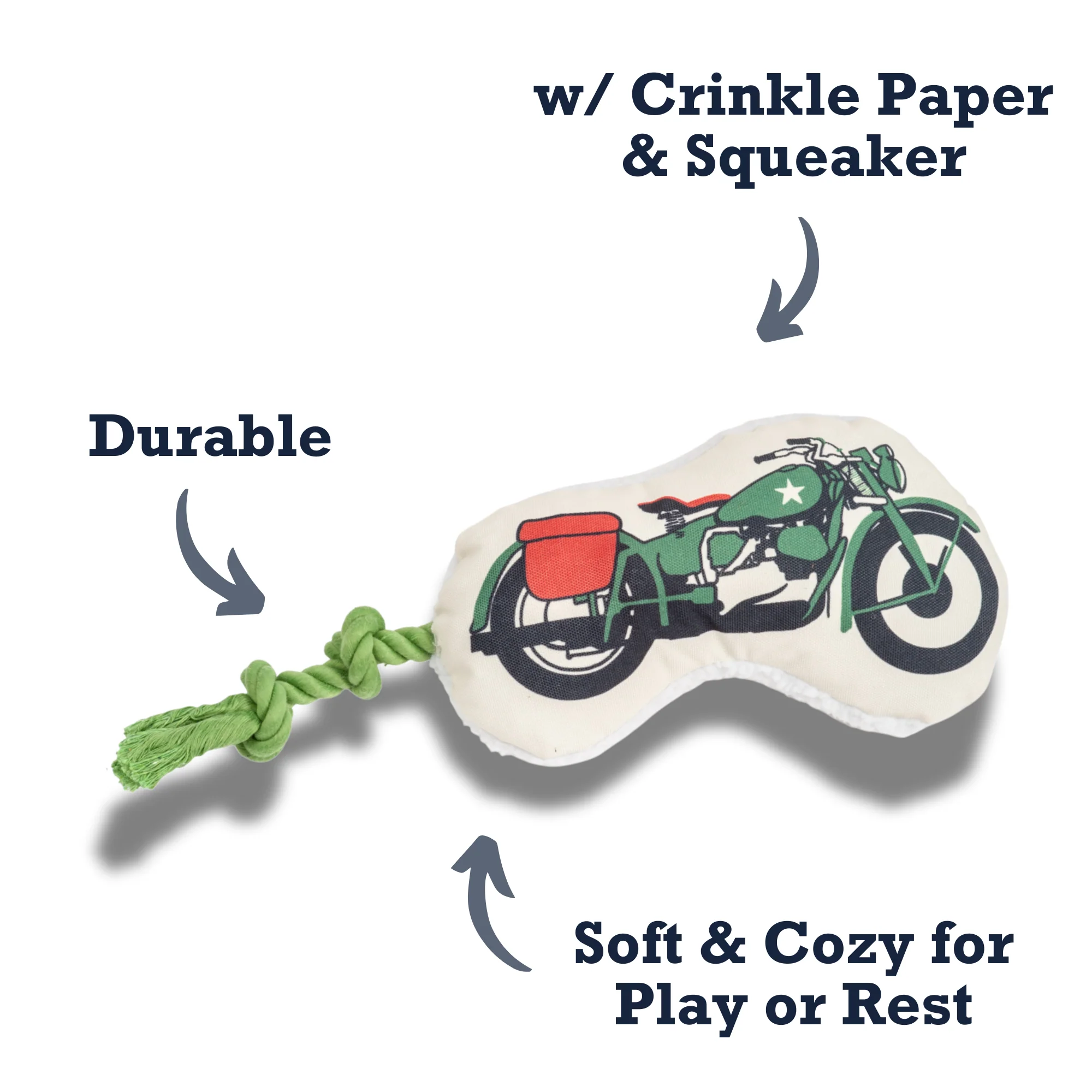 Country Living Retro Army Motorcycle with Squeaker & Crinkle Paper Plush Dog Toy - Image 6