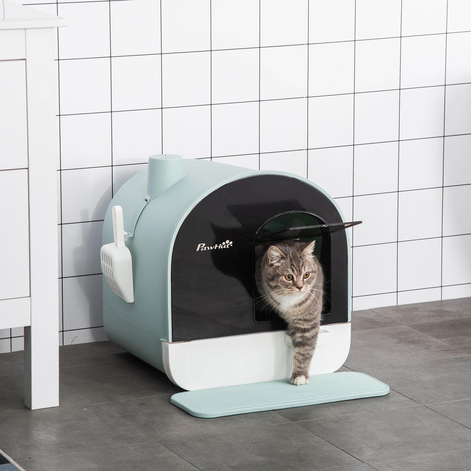 Covered Cat Litter Box with Odor Filter - Complete Privacy Kit with Tray, Scoop & Mat | Green Hooded Litter House - Image 2