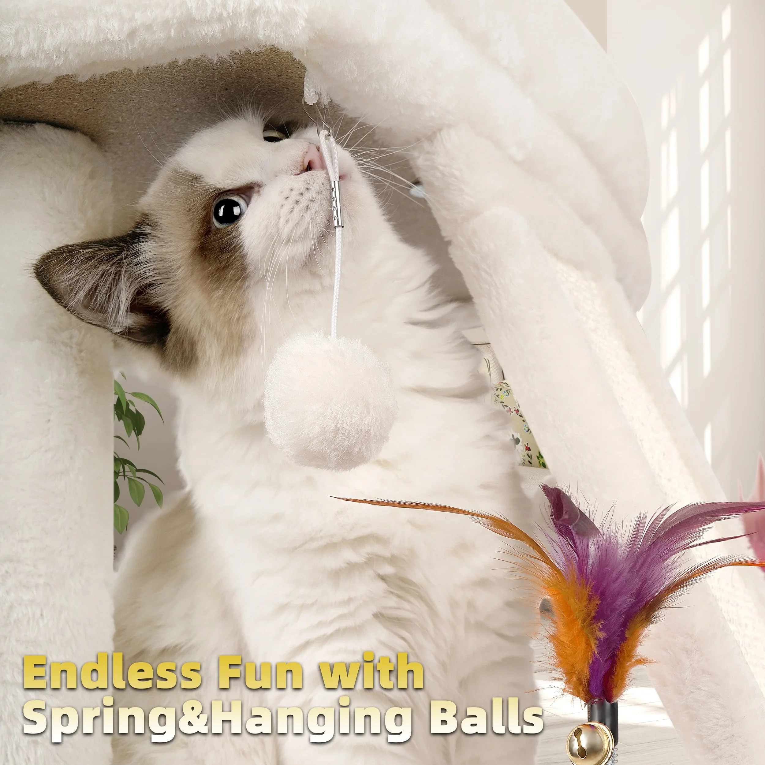 Cozy Beige Cat Tree with Condo, Scratch Post, Hammock & Fun Hanging Balls for Your Feline Friends - Image 10