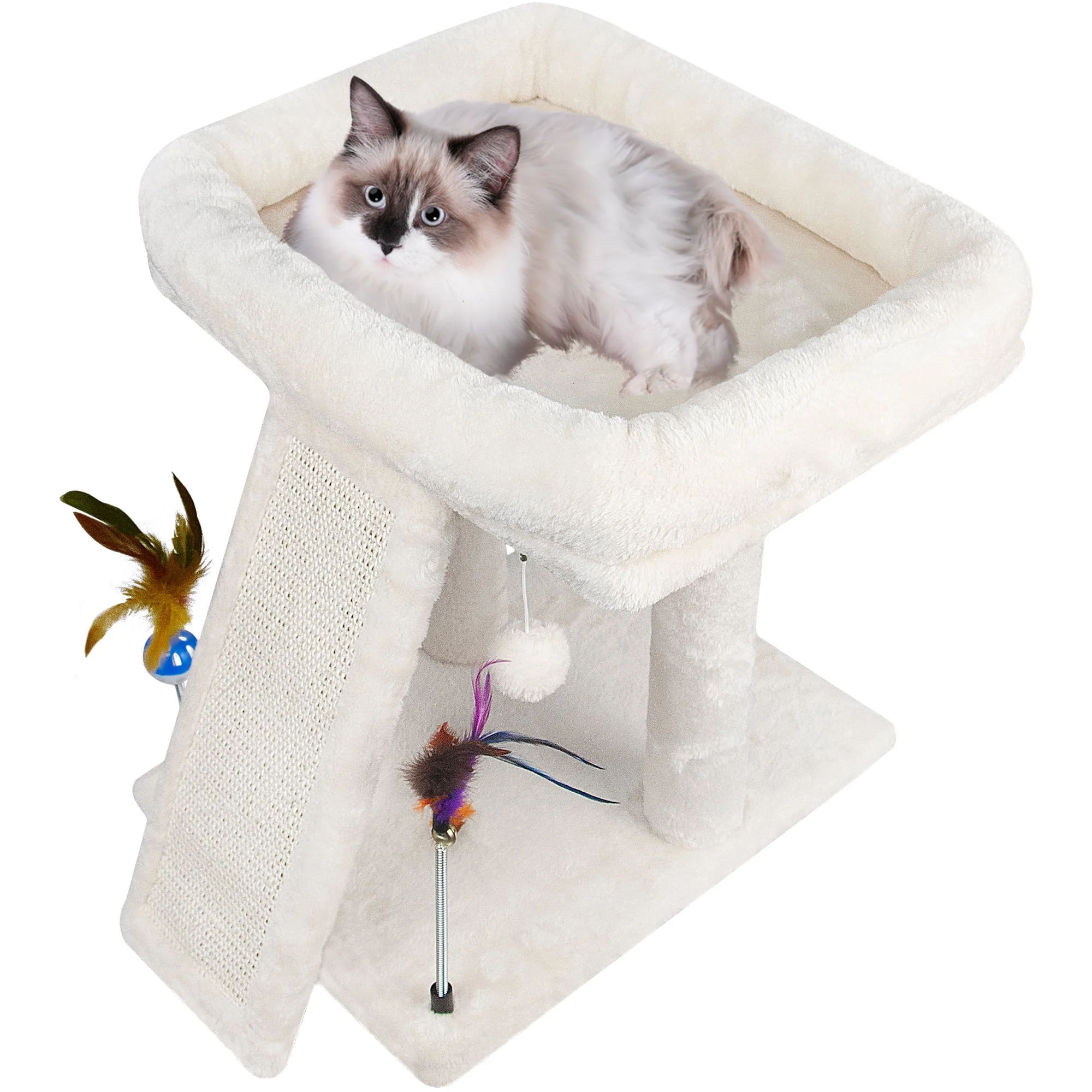 Cozy Beige Cat Tree with Condo, Scratch Post, Hammock & Fun Hanging Balls for Your Feline Friends - Image 3