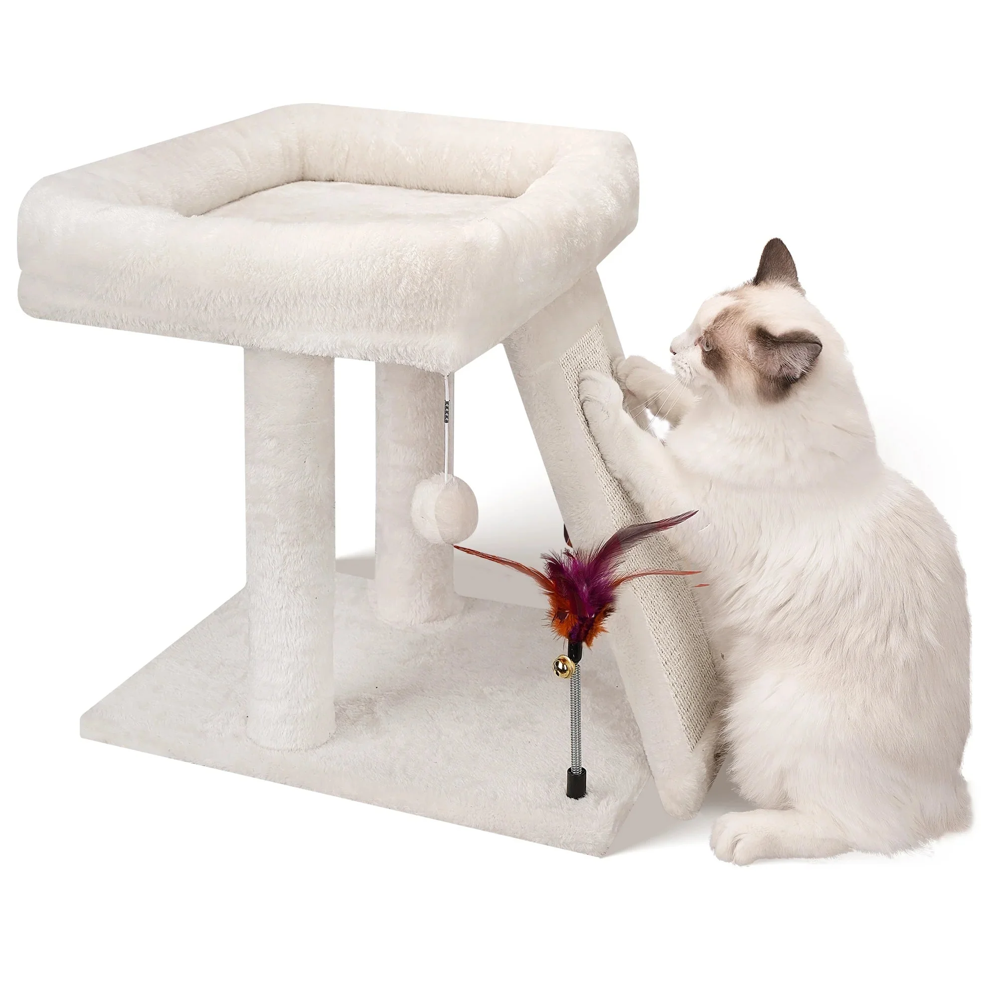 Cozy Beige Cat Tree with Condo, Scratch Post, Hammock & Fun Hanging Balls for Your Feline Friends - Image 4
