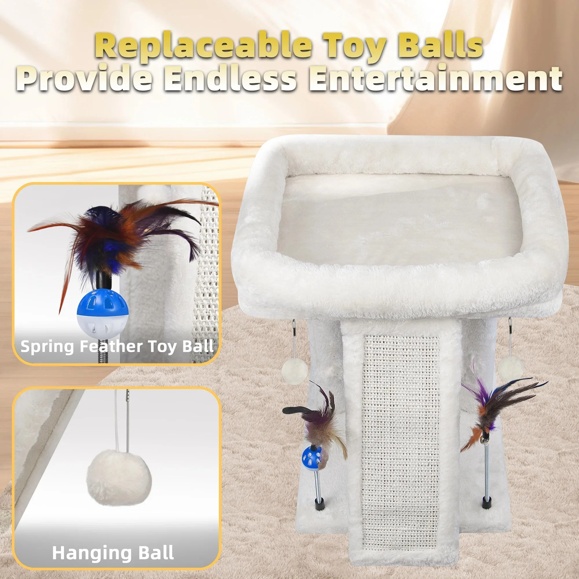 Cozy Beige Cat Tree with Condo, Scratch Post, Hammock & Fun Hanging Balls for Your Feline Friends - Image 7