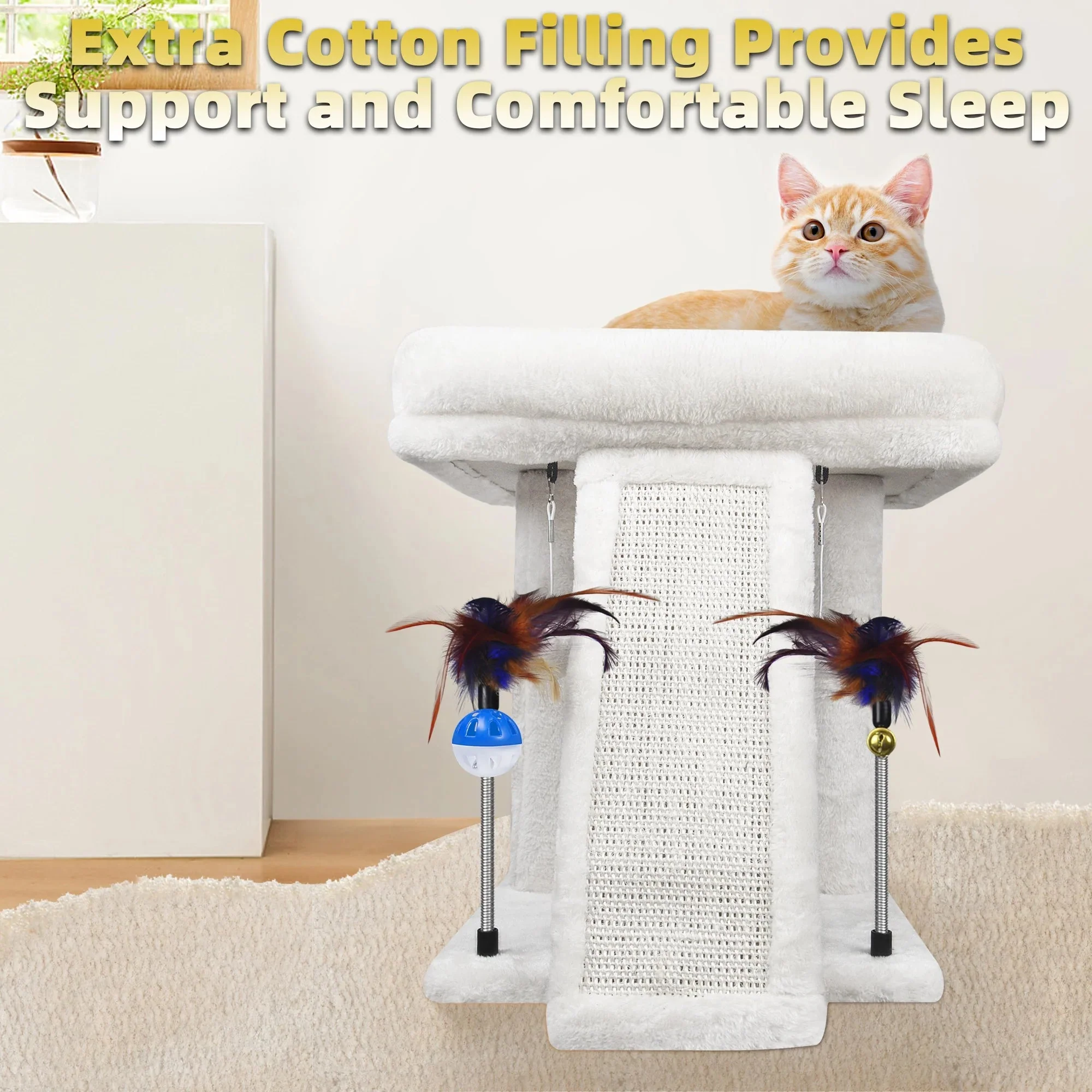Cozy Beige Cat Tree with Condo, Scratch Post, Hammock & Fun Hanging Balls for Your Feline Friends - Image 8