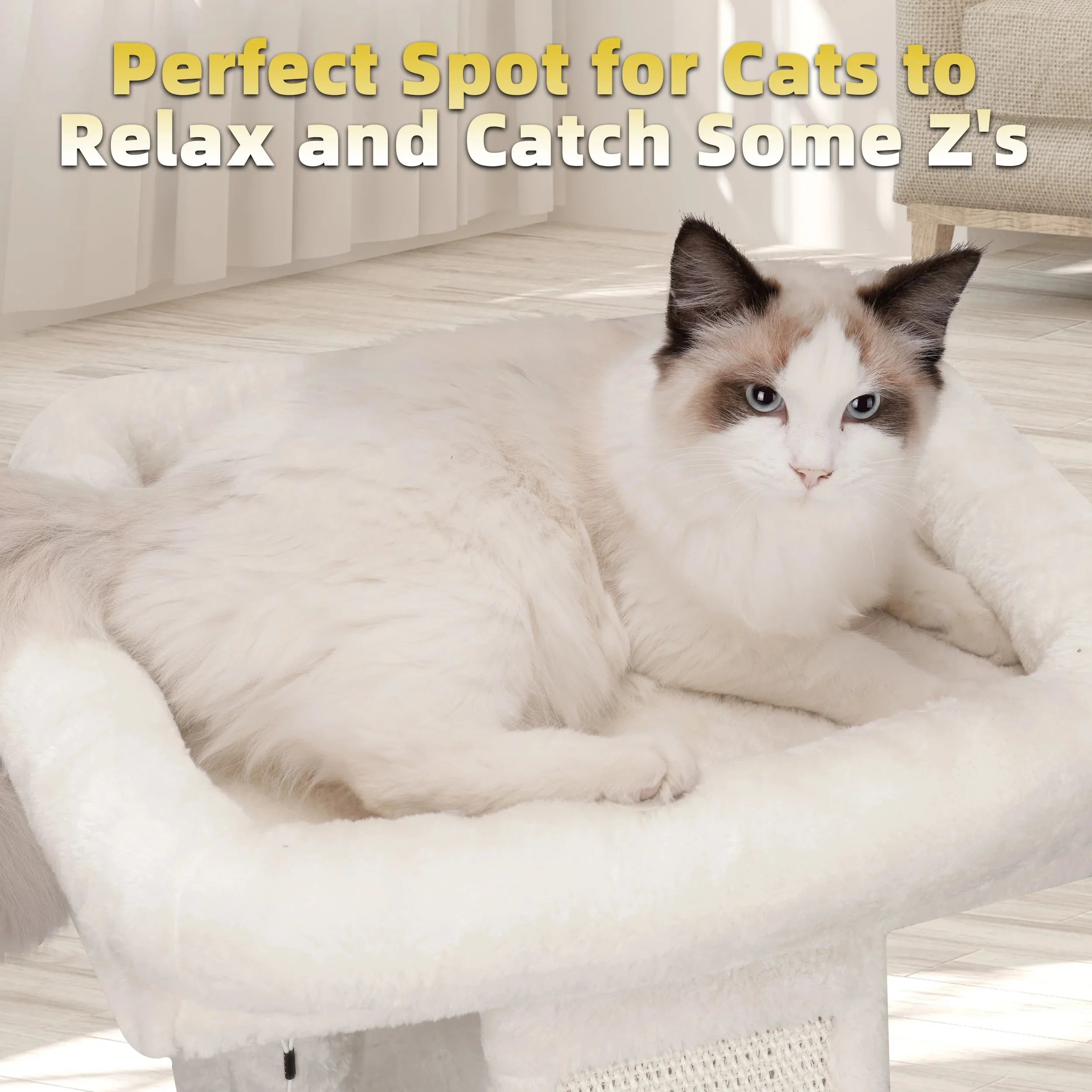 Cozy Beige Cat Tree with Condo, Scratch Post, Hammock & Fun Hanging Balls for Your Feline Friends - Image 9