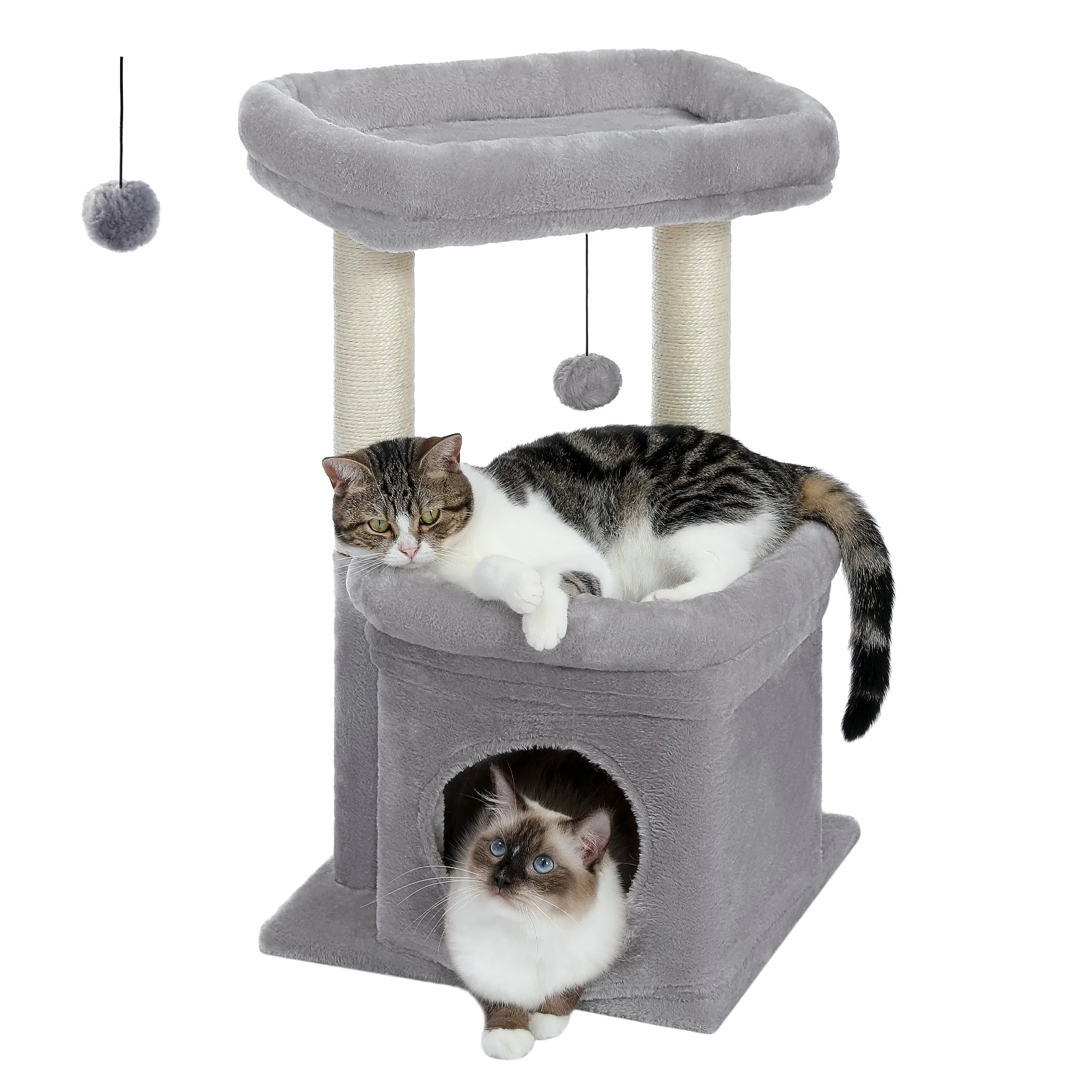 Cozy Gray Cat Tree Condo - 27" Multi-Level Tower with Spacious Perch and Scratching Posts for Kittens and Medium Cats - Image 10