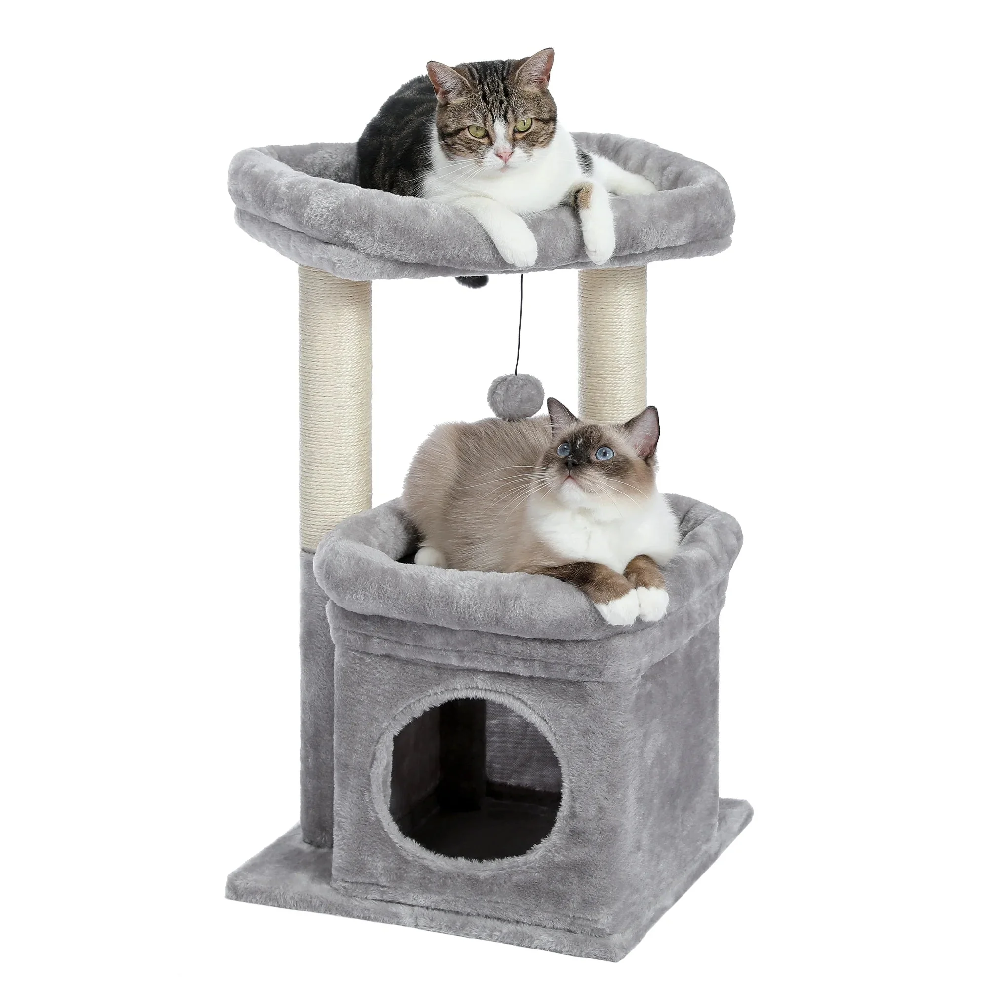 Cozy Gray Cat Tree Condo - 27" Multi-Level Tower with Spacious Perch and Scratching Posts for Kittens and Medium Cats - Image 11