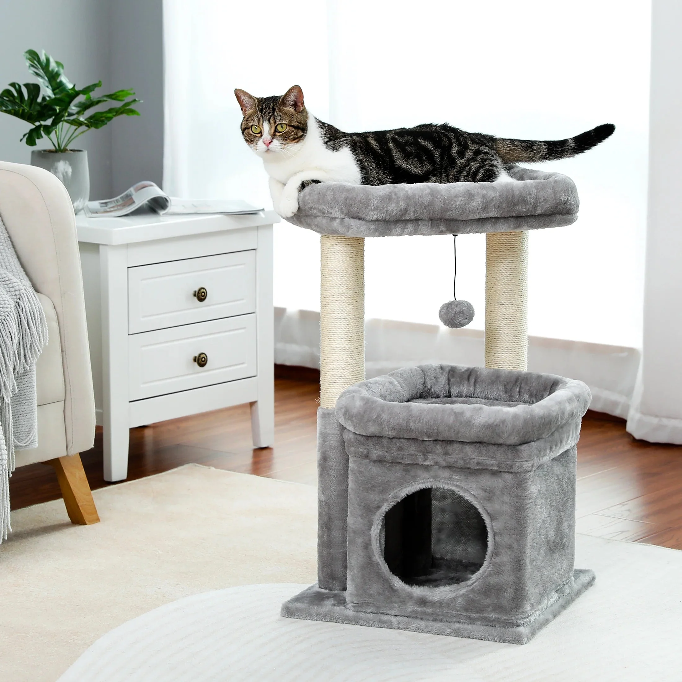 Cozy Gray Cat Tree Condo - 27" Multi-Level Tower with Spacious Perch and Scratching Posts for Kittens and Medium Cats - Image 12