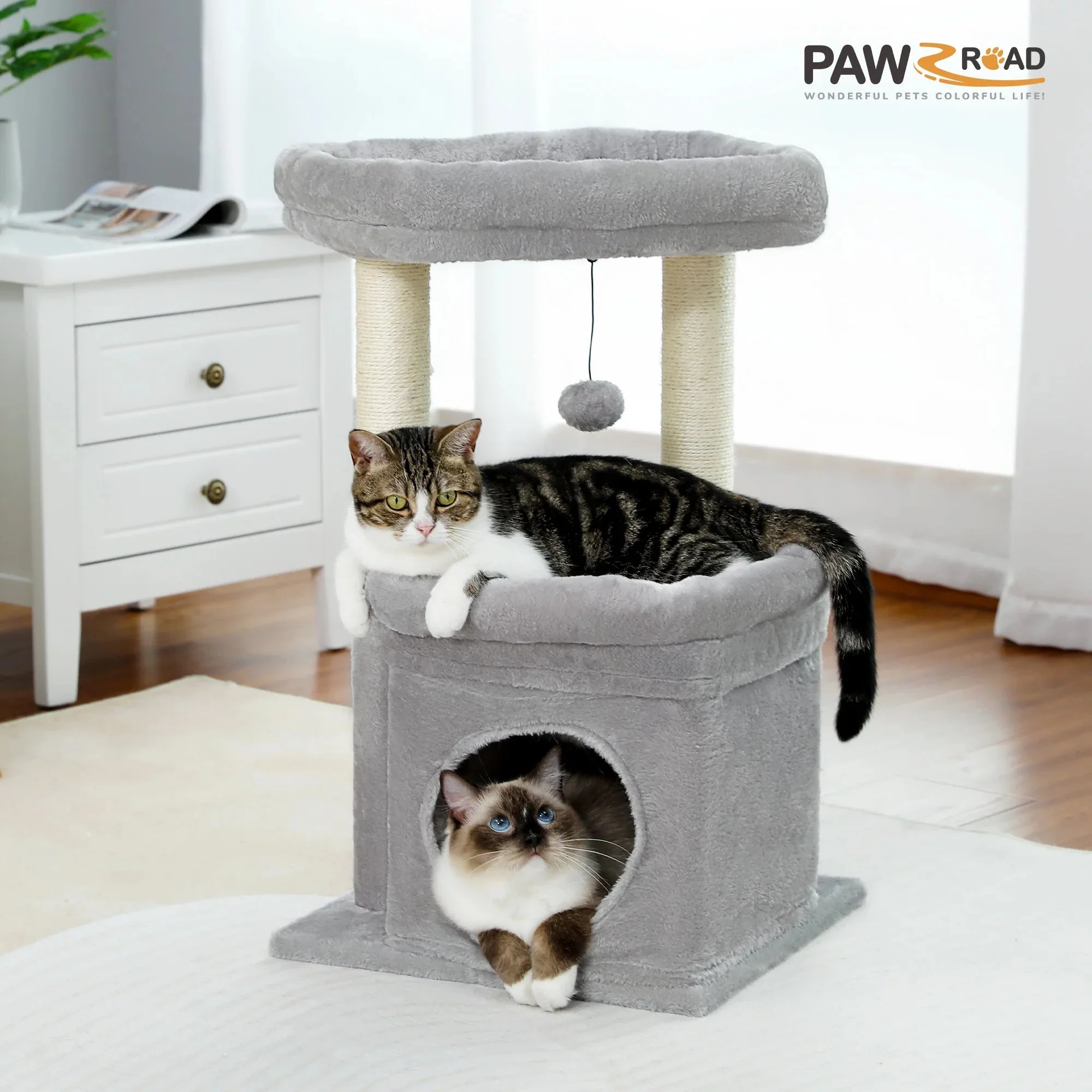Cozy Gray Cat Tree Condo - 27" Multi-Level Tower with Spacious Perch and Scratching Posts for Kittens and Medium Cats - Image 2