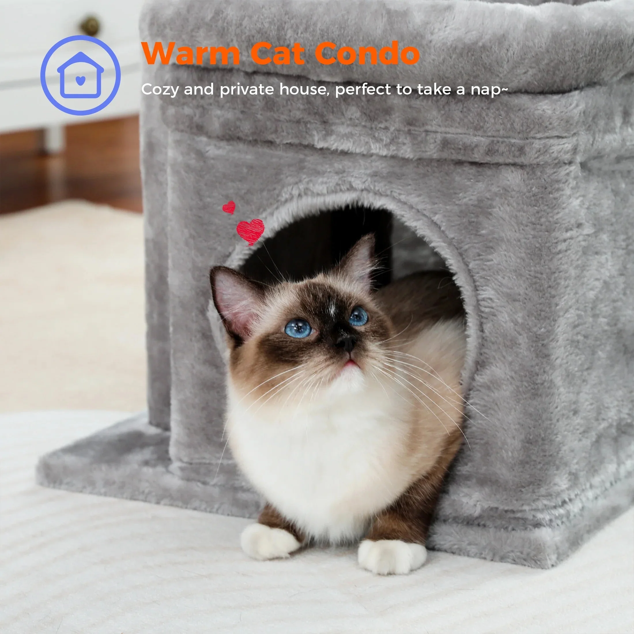 Cozy Gray Cat Tree Condo - 27" Multi-Level Tower with Spacious Perch and Scratching Posts for Kittens and Medium Cats - Image 4