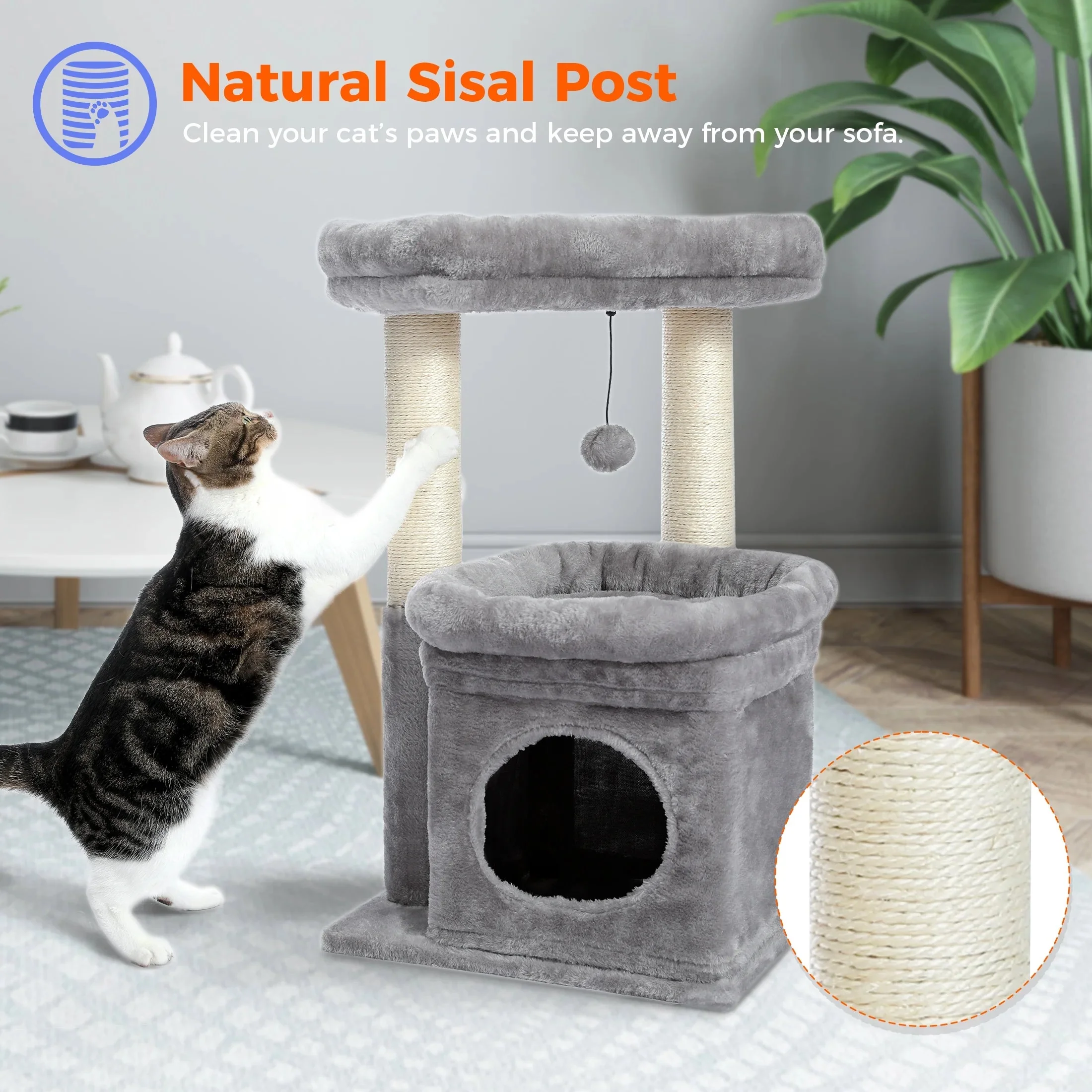 Cozy Gray Cat Tree Condo - 27" Multi-Level Tower with Spacious Perch and Scratching Posts for Kittens and Medium Cats - Image 5